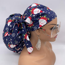 Load image into Gallery viewer, Christmas 2XL JUMBO PONY surgical nursing hat Navy Blue Santa cap satin lining option for Extra long/thick Hair Locs and braids