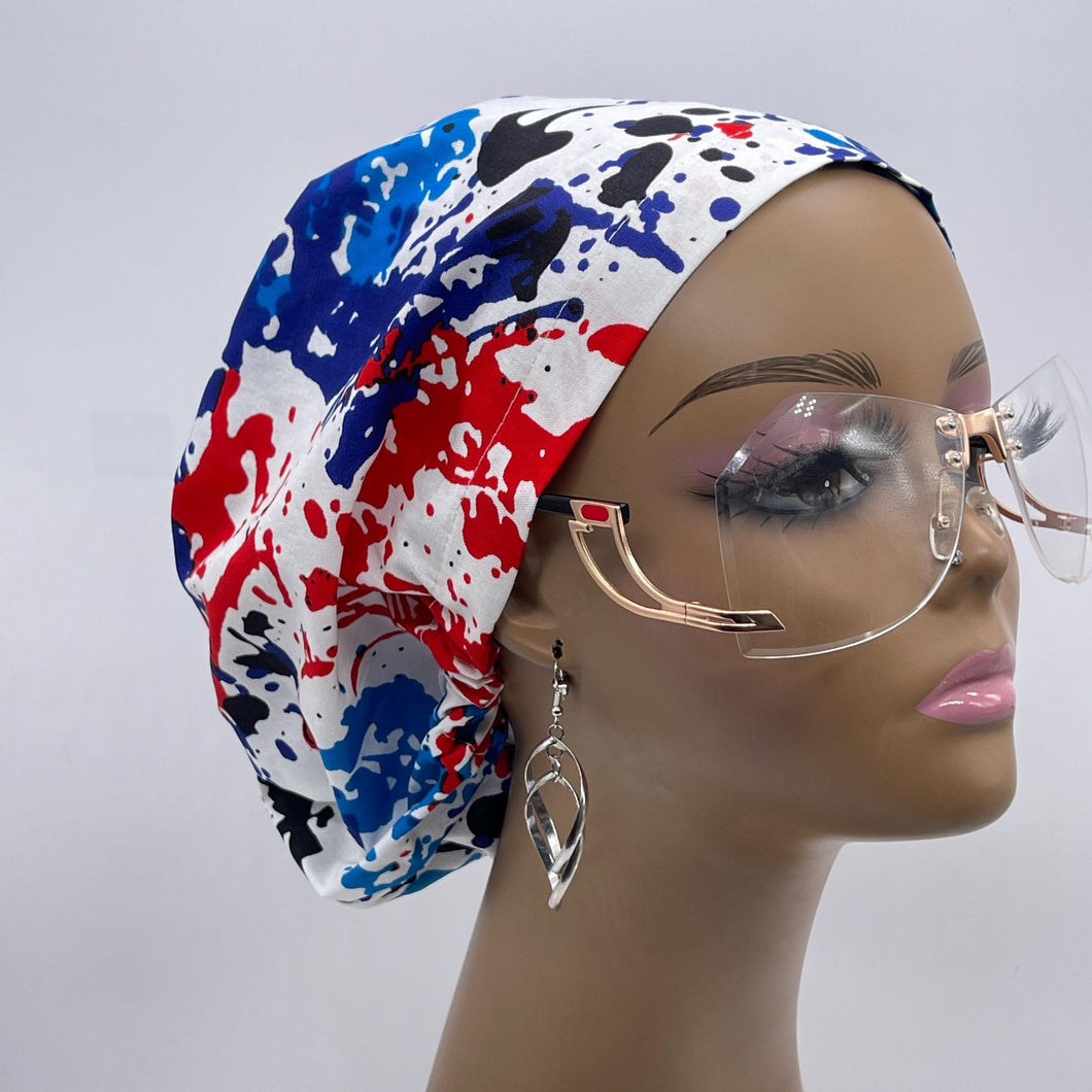 Niceroy SCRUB HAT CAP, red blue white paint splatter Europe Euro style nursing caps, healthcare hats protective hair covers, nurse gift.
