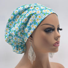 Load image into Gallery viewer, Niceroy Satin Lined Surgical SCRUB CAP sea foam blue white daisies floral Europe style nursing caps fabric and