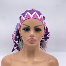 Load image into Gallery viewer, 2XL JUMBO PONY SCRUB Cap,pink, purple gray white Kente cotton fabric surgical nursing hat satin lining option for Extra long/thick Hair/Locs