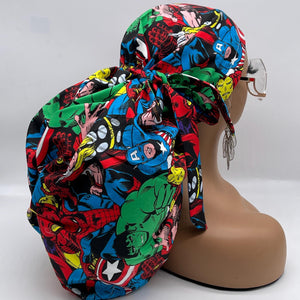 2XL JUMBO PONY SCRUB cap. Marvel characters cotton fabric surgical nursing hat satin lining option for Extra long/thick Hair/Locs