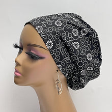 Load image into Gallery viewer, Niceroy Satin Lined Surgical SCRUB CAP black white floral Europe style nursing caps cotton fabric and .