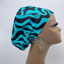 Load image into Gallery viewer, Niceroy Satin Lined Surgical SCRUB CAP Turquoise blue black Ankara Europe style nursing caps cotton African print fabric and .