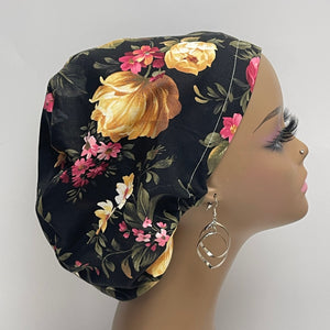 Adjustable surgical OR SCRUB CAP, Black Floral Europe style nursing caps with flowers and satin lining option.