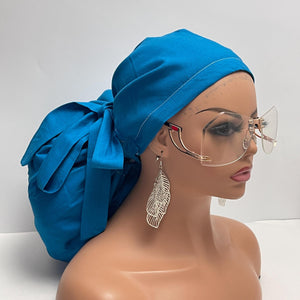 2XL JUMBO PONY SCRUB Cap Caribbean Blue cotton fabric surgical nursing hat satin lining option for Extra long/thick Hair/Locs