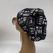 Load image into Gallery viewer, Niceroy Satin Lined surgical SCRUB HAT CAP,  Ankara Europe style black and white African print fabric and .