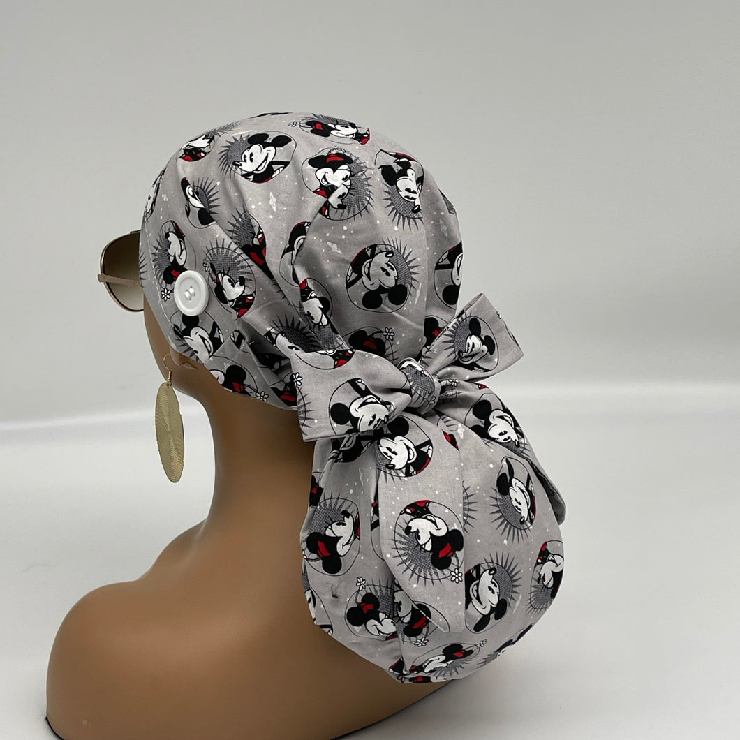 Ponytail SCRUB CAP Mickey and Minnie Mouse cotton fabric surgical scrub hat nursing caps, satin lining option for long hair