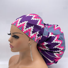 Load image into Gallery viewer, 2XL JUMBO PONY SCRUB Cap,pink, purple gray white Kente cotton fabric surgical nursing hat satin lining option for Extra long/thick Hair/Locs