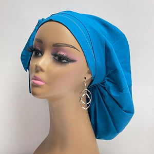 Ponytail SCRUB CAP Caribbean Sea blue cotton fabric surgical scrub hat nursing caps, satin lining option for long hair