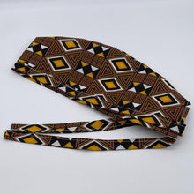 Load image into Gallery viewer, Niceroy satin linedBrown yellow white unisex pixie Men surgical SCRUB HAT CAP, nursing caps, tie back cap,  African print men scrub cap