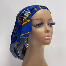 Load image into Gallery viewer, Ponytail SCRUB CAP Royal blue and yellow cotton fabric surgical scrub hat nursing caps, satin lining option for long hair