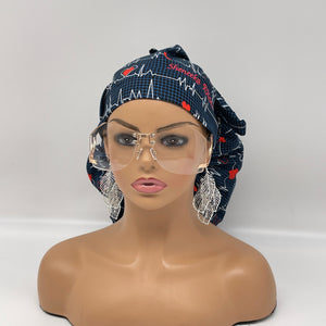 2XL JUMBO PONY Scrub Cap, EKG  cotton fabric surgical nursing hat and satin lining option for Extra long/thick Hair/Locs