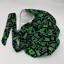 Load image into Gallery viewer, 2XL JUMBO PONY SCRUB Cap, Black/Green glow in the dark cotton fabric surgical nursing hat satin for Extra long/thick Hair/Locs