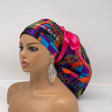 Load image into Gallery viewer, 2XL JUMBO PONY SCRUB Cap,pink, purple Kente cotton fabric surgical nursing hat satin lining option for Extra long/thick Hair/Locs