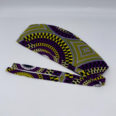 Purple and yellow unisex pixie Men surgical SCRUB HAT CAP, nursing caps, tie back cap, satin lining option African print men scrub cap