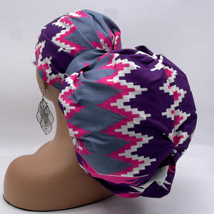 2XL JUMBO PONY SCRUB Cap,pink, purple gray white Kente cotton fabric surgical nursing hat satin lining option for Extra long/thick Hair/Locs