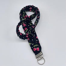 Load image into Gallery viewer, Handmade Cotton Scrunchie Lanyard and Keychain : cherries Teacher, nurse ID Badge Holder