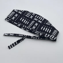 Load image into Gallery viewer, Black and white unisex pixie Men surgical SCRUB HAT CAP, nursing caps, tie back cap, satin lining option African print men scrub cap