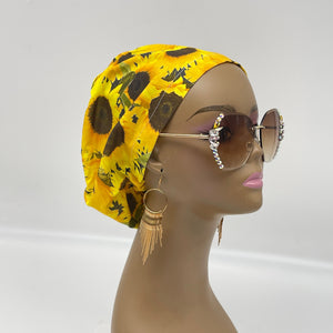 Niceroy Satin Lined surgical OR SCRUB CAP, Europe style nursing caps, Yellow Sunflower Cotton print fabric and