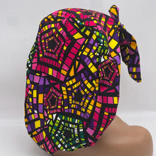 Load image into Gallery viewer, Ponytail PONY SCRUB CAP, multi colored geometric surgical scrub hat pony nursing caps and satin lining option for locs /Long Hair