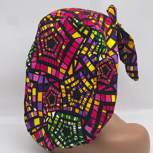 Ponytail PONY SCRUB CAP, multi colored geometric surgical scrub hat pony nursing caps and satin lining option for locs /Long Hair