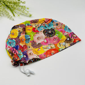 Surgical SCRUB HAT CAP, pink Europe style doughnuts cotton print fabric Euro hat multicolored satin lining option.
