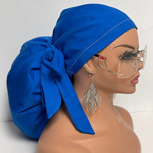 Load image into Gallery viewer, 2XL JUMBO PONY SCRUB Cap, Solid Royal Blue cotton fabric surgical nursing hat satin lining option for Extra long/thick Hair/Locs