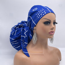 Load image into Gallery viewer, 2XL JUMBO PONY Scrub Cap, Royal blue and white tribal surgical nursing hat and satin lining option for Extra long/thick Hair/Locs