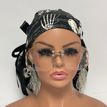 Load image into Gallery viewer, 2XL JUMBO PONY SCRUB Cap, Black white glow in the dark skeleton cotton fabric surgical hat satin for Extra long/thick Hair/Locs
