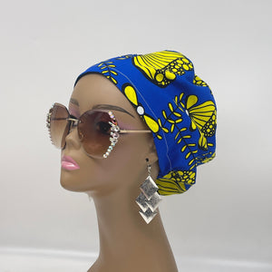 Niceroy Satin Lined surgical SCRUB HAT CAP,  Ankara Europe style nursing caps royal blue and Yellow African print fabric and .
