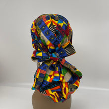 Load image into Gallery viewer, Ponytail All New Flattery Back Pony Hair Cover scrub Hat for long Hair, Braids, Locs. Ankara cotton African print fabric with satin lining