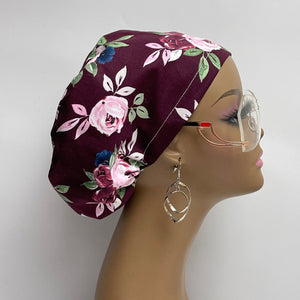 Adjustable surgical OR SCRUB CAP, maroon burgundy Floral Europe style nursing caps with flowers and satin lining option.