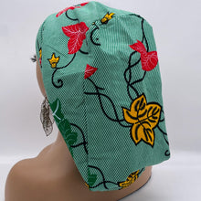 Load image into Gallery viewer, Ponytail SCRUB CAP off  green leaves cotton fabric surgical scrub hat nursing caps, satin lining option for long hair