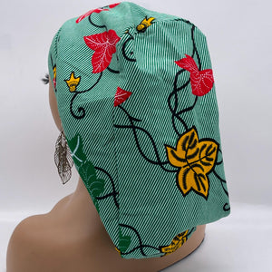 Ponytail SCRUB CAP off  green leaves cotton fabric surgical scrub hat nursing caps, satin lining option for long hair