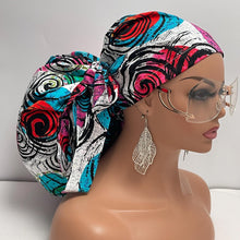 Load image into Gallery viewer, 2XL JUMBO PONY SCRUB Cap, turquoise blue Pink cotton fabric surgical nursing hat satin lining option for locs Braids Extra long/thick Hair