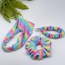 Load image into Gallery viewer, Handmade bullet print Headband, Scrunchie &amp; Keychain Lanyard Set, gradient rainbow