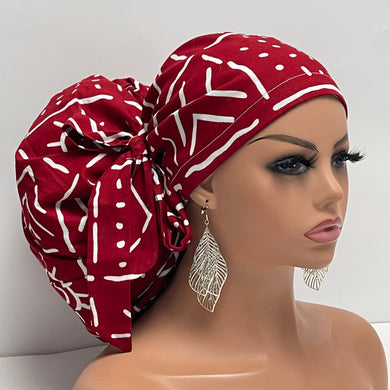 2XL JUMBO PONY SCRUB Cap, Red and White Tribal cotton fabric surgical nursing hat for Extra long/thick Hair/Locs