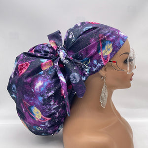 2XL JUMBO PONY SCRUB Cap, purple solar system fabric surgical nursing hat satin lining option for Extra long/thick Hair/Loc