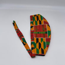 Load image into Gallery viewer, Red yellow green and Black kente unisex pixie Men surgical SCRUB HAT CAP, nursing caps, tie back cap, satin lining option African print hat