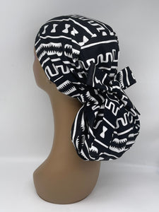 Adjustable Ankara PONY SCRUB CAP, black and white cotton fabric surgical scrub hat nursing caps and satin lining option for locs /Long Hair