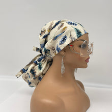 Load image into Gallery viewer, Ponytail Ankara PONY SCRUB CAP, feathers cotton fabric surgical scrub hat nursing caps and satin lining option for locs /Long Hair