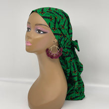 Load image into Gallery viewer, Adjustable Dread Locs and Long braids HAT Cap, Green Ankara pony style scrub nursing caps fabric and satin lining option Hair Cover