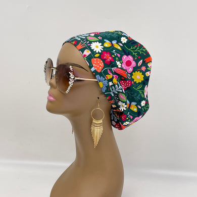 Niceroy Satin LinedSurgical SCRUB HAT CAP,  Europe style mushroom daisy flowers cotton print fabric Euro hat multicolored floral .