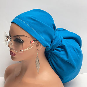 2XL JUMBO PONY SCRUB Cap Caribbean Blue cotton fabric surgical nursing hat satin lining option for Extra long/thick Hair/Locs