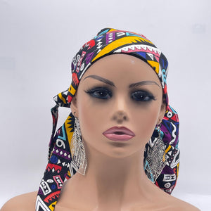 2XL JUMBO PONY Scrub Cap, multicolored tribal surgical nursing hat and satin lining option for Extra long/thick Hair/Locs