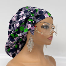 Load image into Gallery viewer, Adjustable Satin Lined PONY SCRUB CAP, Green Purple Black Ankara cotton fabric surgical scrub hat ponytail nursing caps for locs/Long Hair