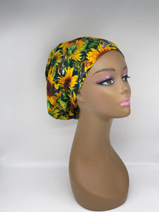 Niceroy Satin Lined surgical SCRUB HAT CAP, Europe style nursing caps made with Sunflower print fabric and   chemo cap