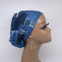 Load image into Gallery viewer, Niceroy Satin Lined SCRUB HAT CAP, soft cotton jeans print fabric Europe Euro style nursing caps, healthcare hats protective hair covers, nurse gift.