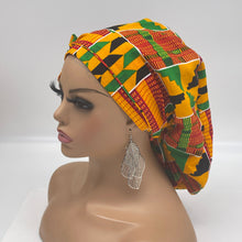 Load image into Gallery viewer, Ponytail Ankara PONY SCRUB CAP, Kente cotton fabric surgical scrub hat pony nursing caps and satin lining option for locs /Long Hair