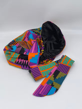 Load image into Gallery viewer, Ponytail Ankara PONY SCRUB CAP, Kente cotton fabric surgical scrub hat pony nursing caps and satin lining option for locs /Long Hair